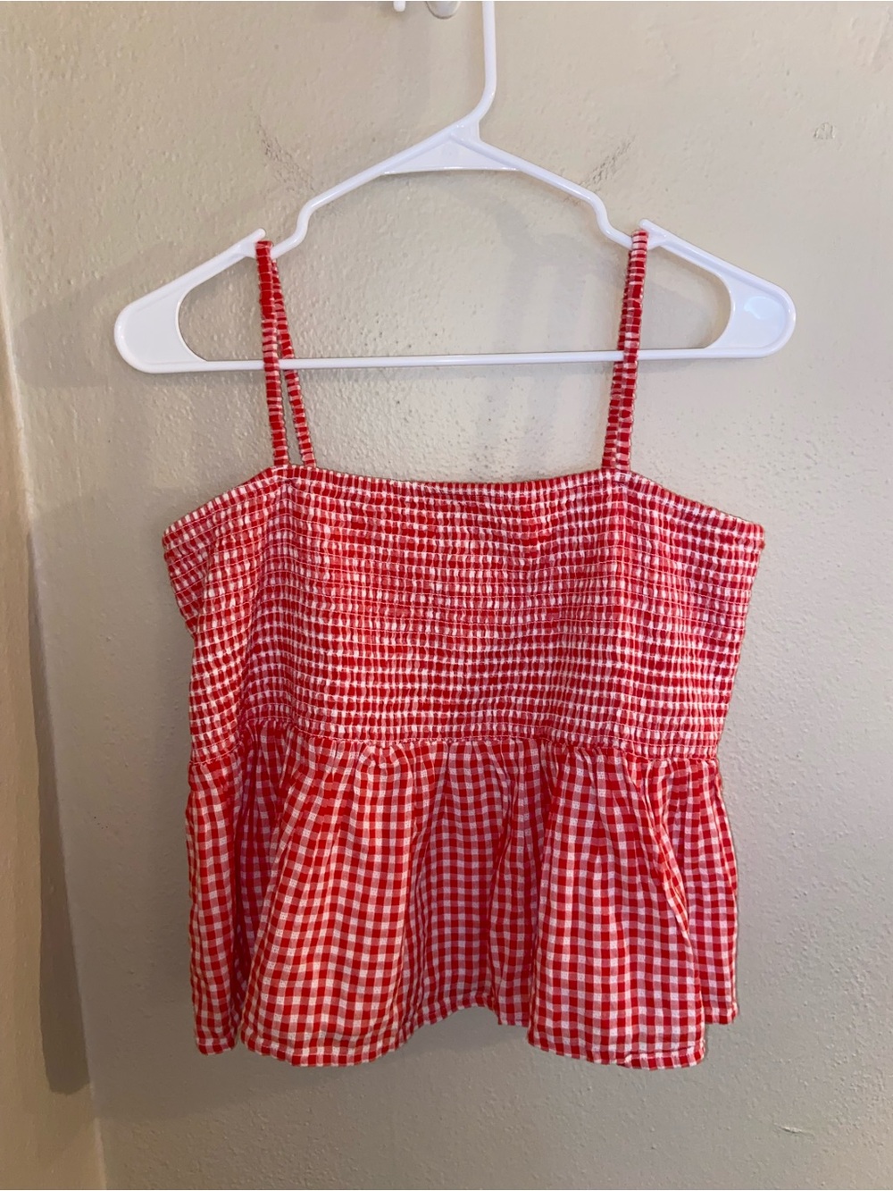 American Eagle Red Gingham Smocked Peplum Tank Top